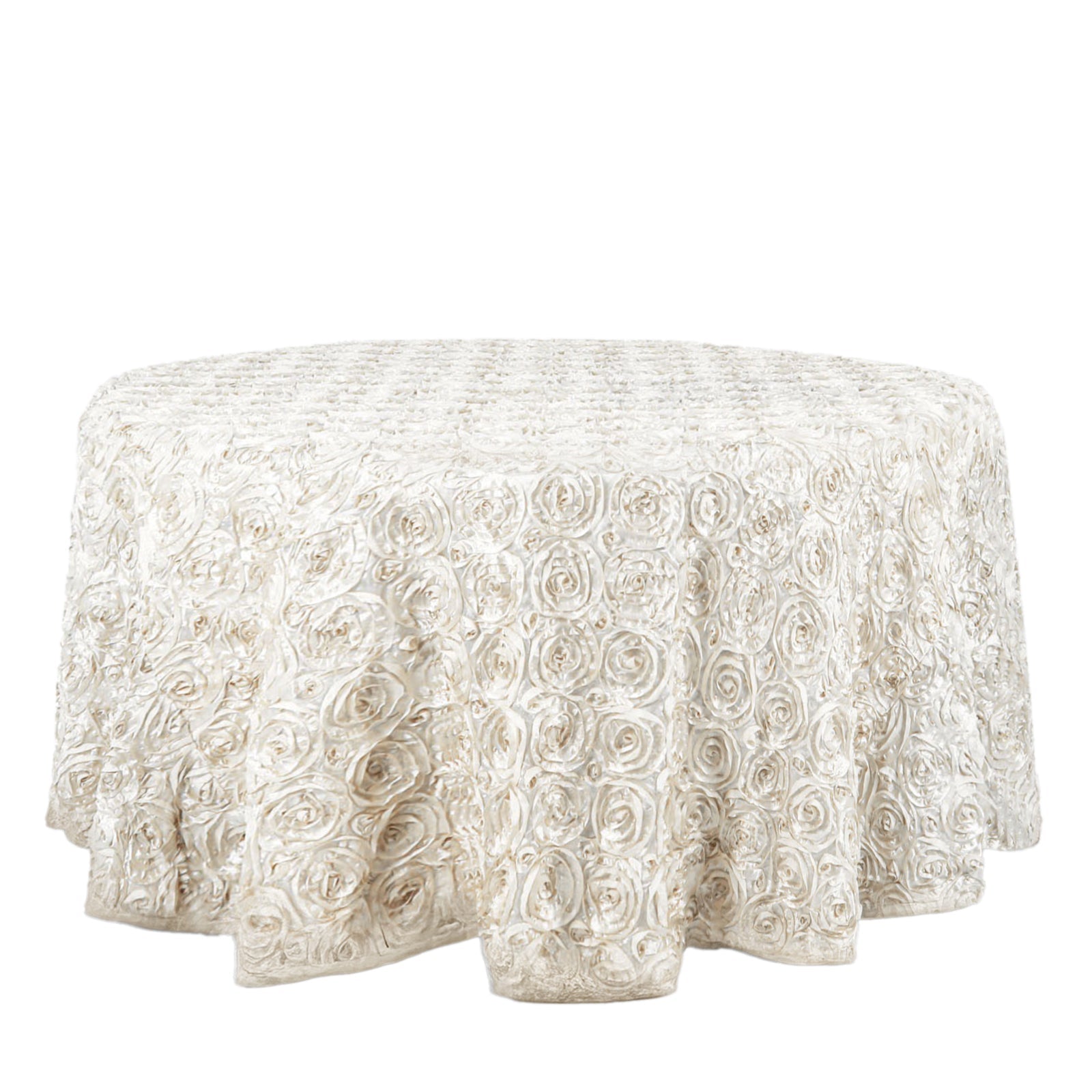 Satin 120" Round Tablecloth Ivory - Grandiose 3D Rosette with Seamless Finish Table Cover