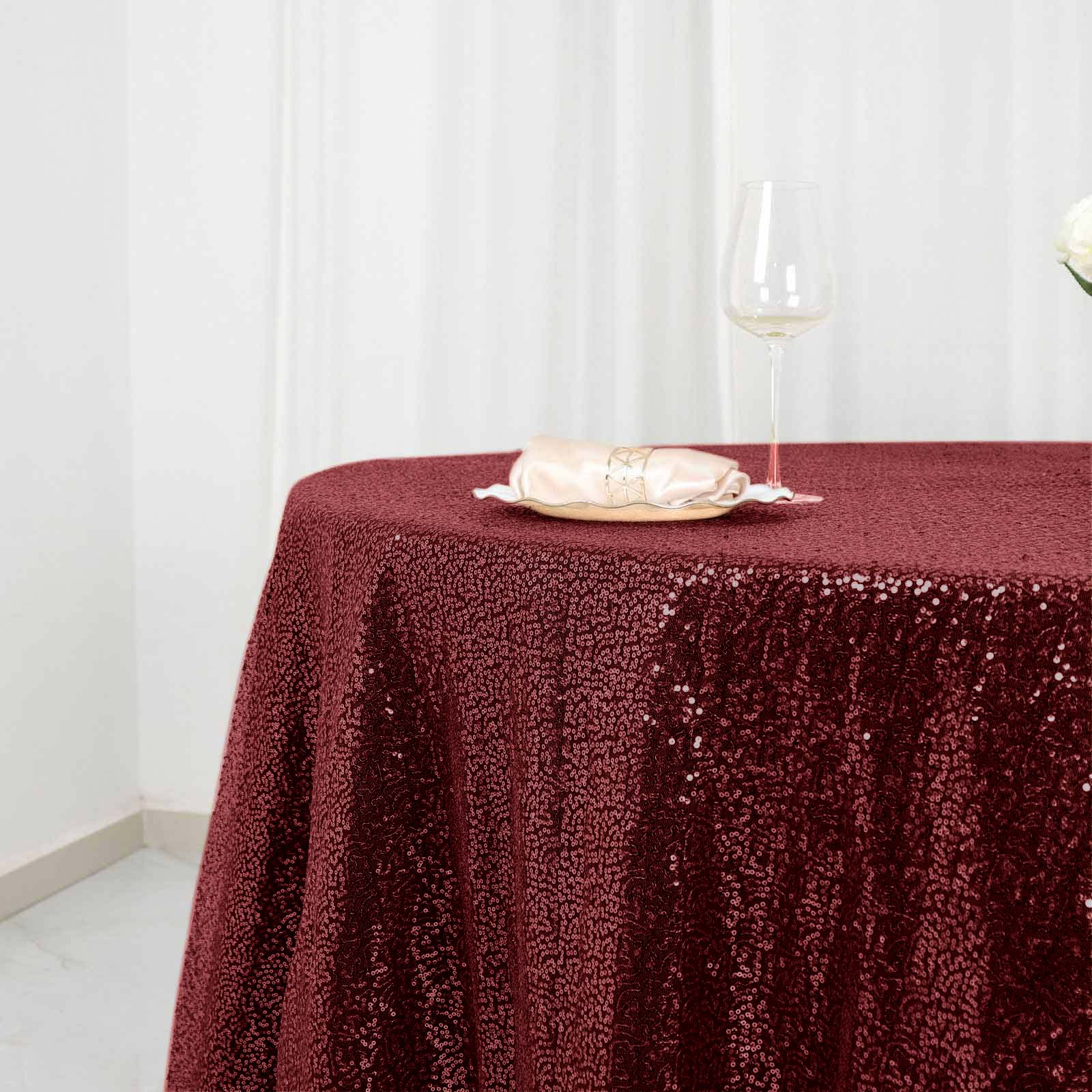 Sequin 120" Round Tablecloth Burgundy - Seamless Glittering Table Cover