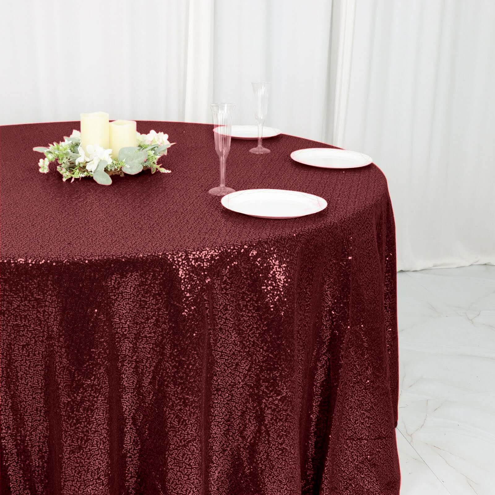 Sequin 120" Round Tablecloth Burgundy - Seamless Glittering Table Cover