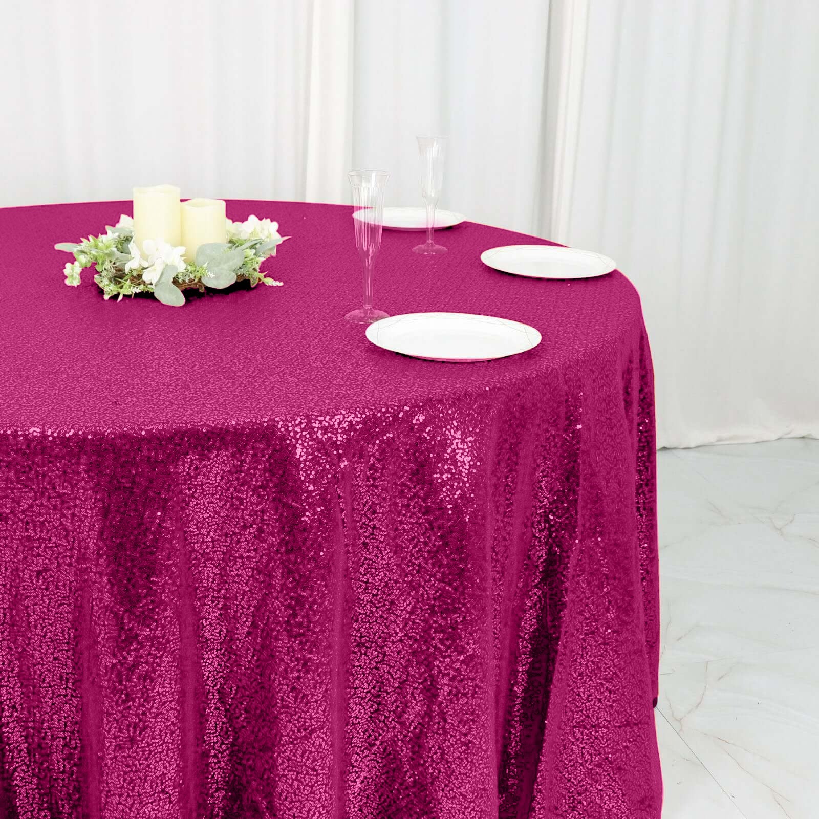 Sequin 120" Round Tablecloth Fuchsia - Seamless Glittering Table Cover