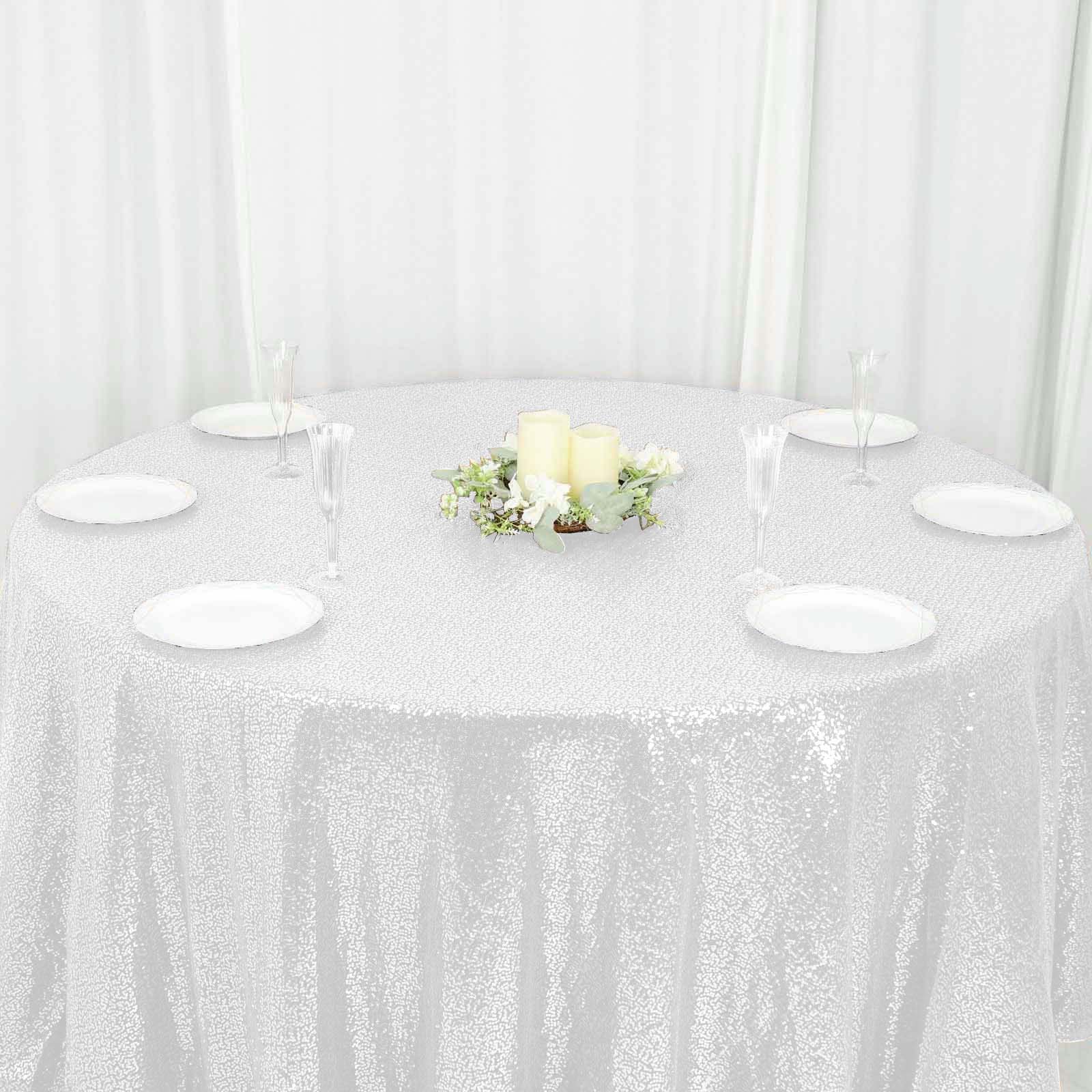 Sequin 120" Round Tablecloth White - Seamless Glittering Design for Sophisticated Events