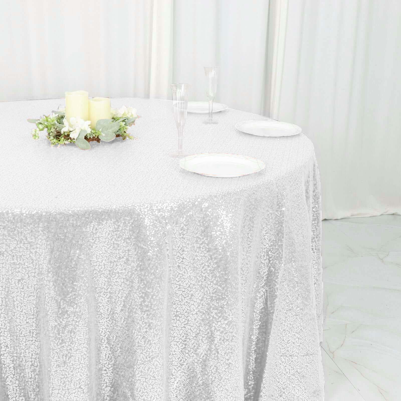 Sequin 120" Round Tablecloth White - Seamless Glittering Design for Sophisticated Events