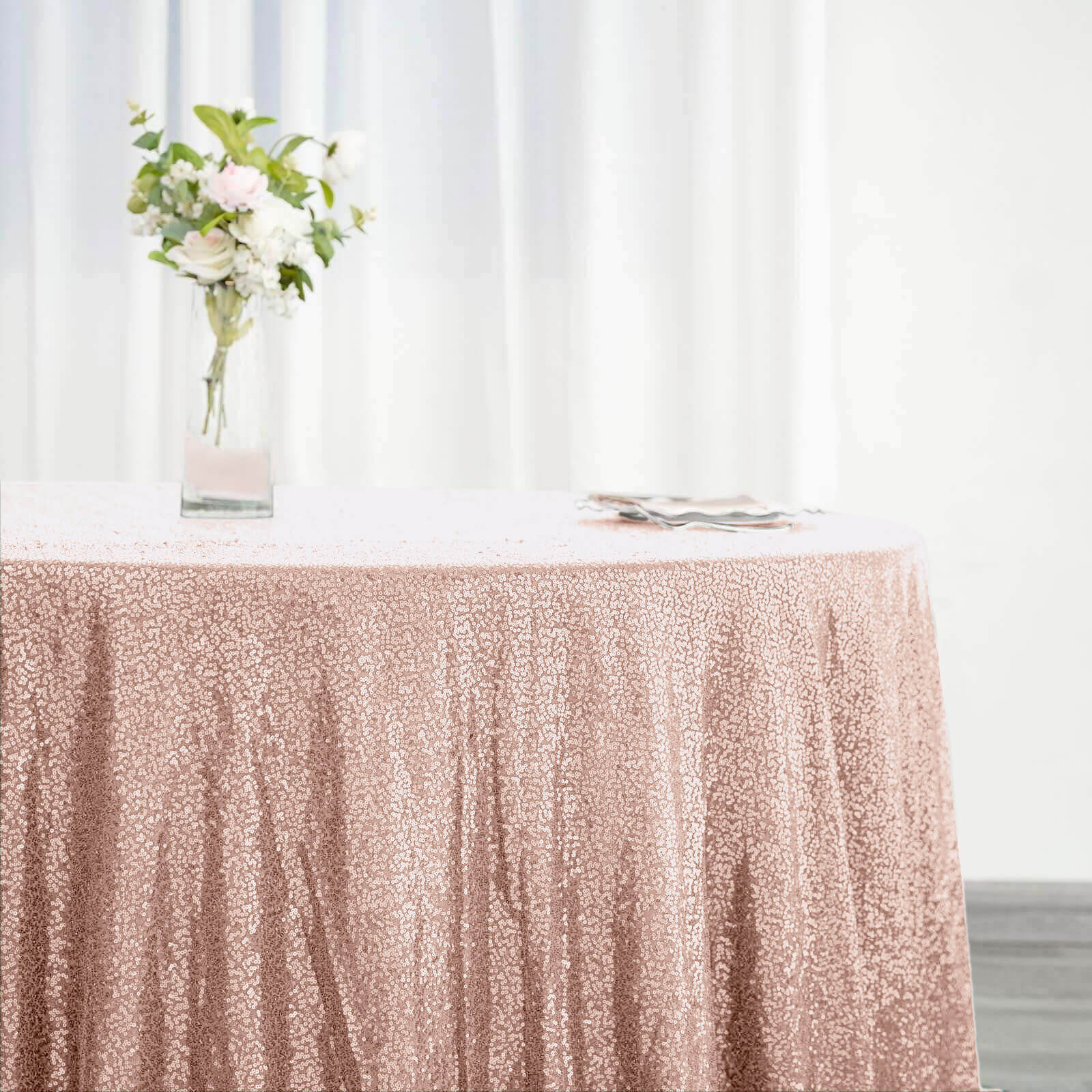 Sequin 132" Round Tablecloth Rose Gold - Seamless Dazzling Table Cover