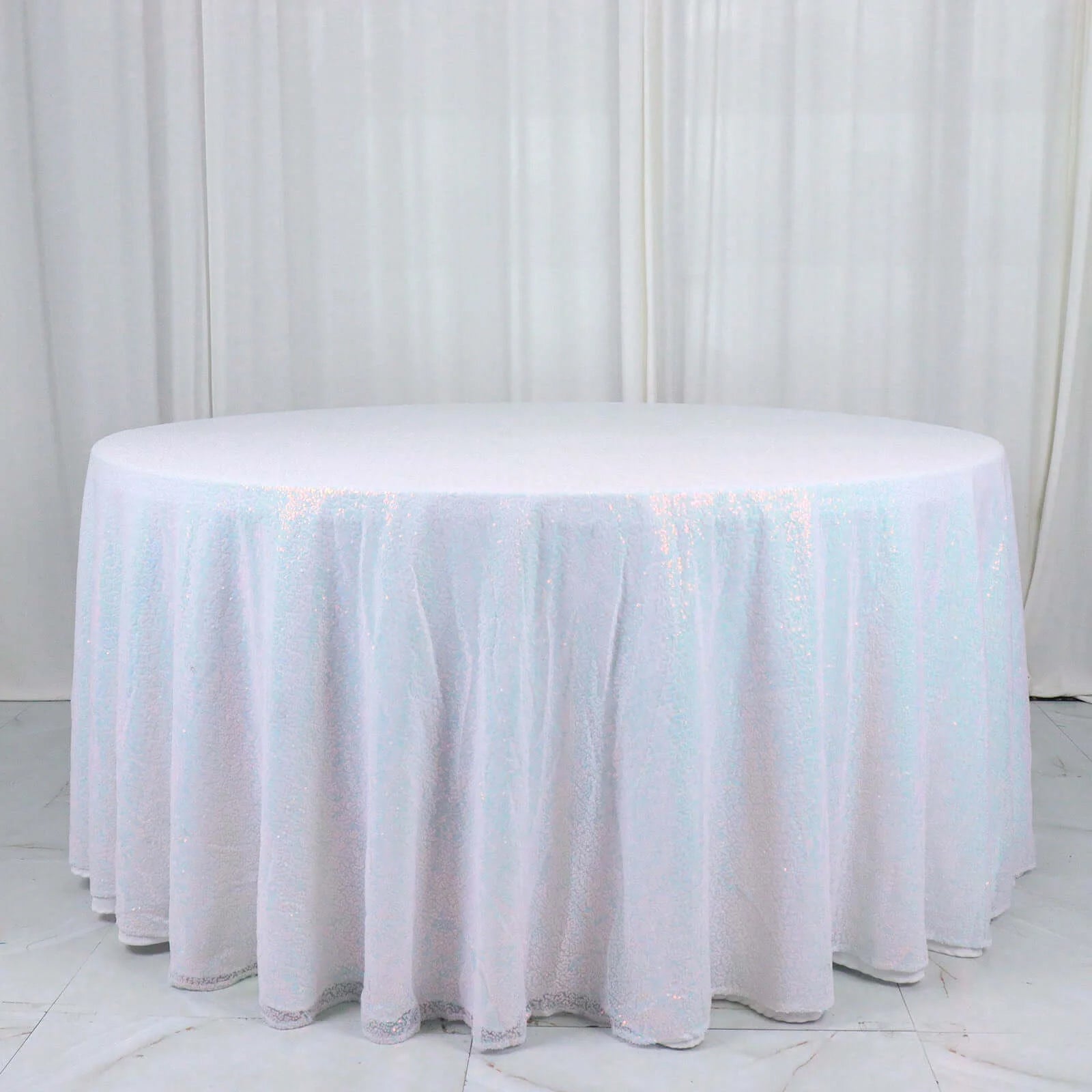 Sequin 132" Round Tablecloth Iridescent Blue - Seamless Dazzling Table Cover