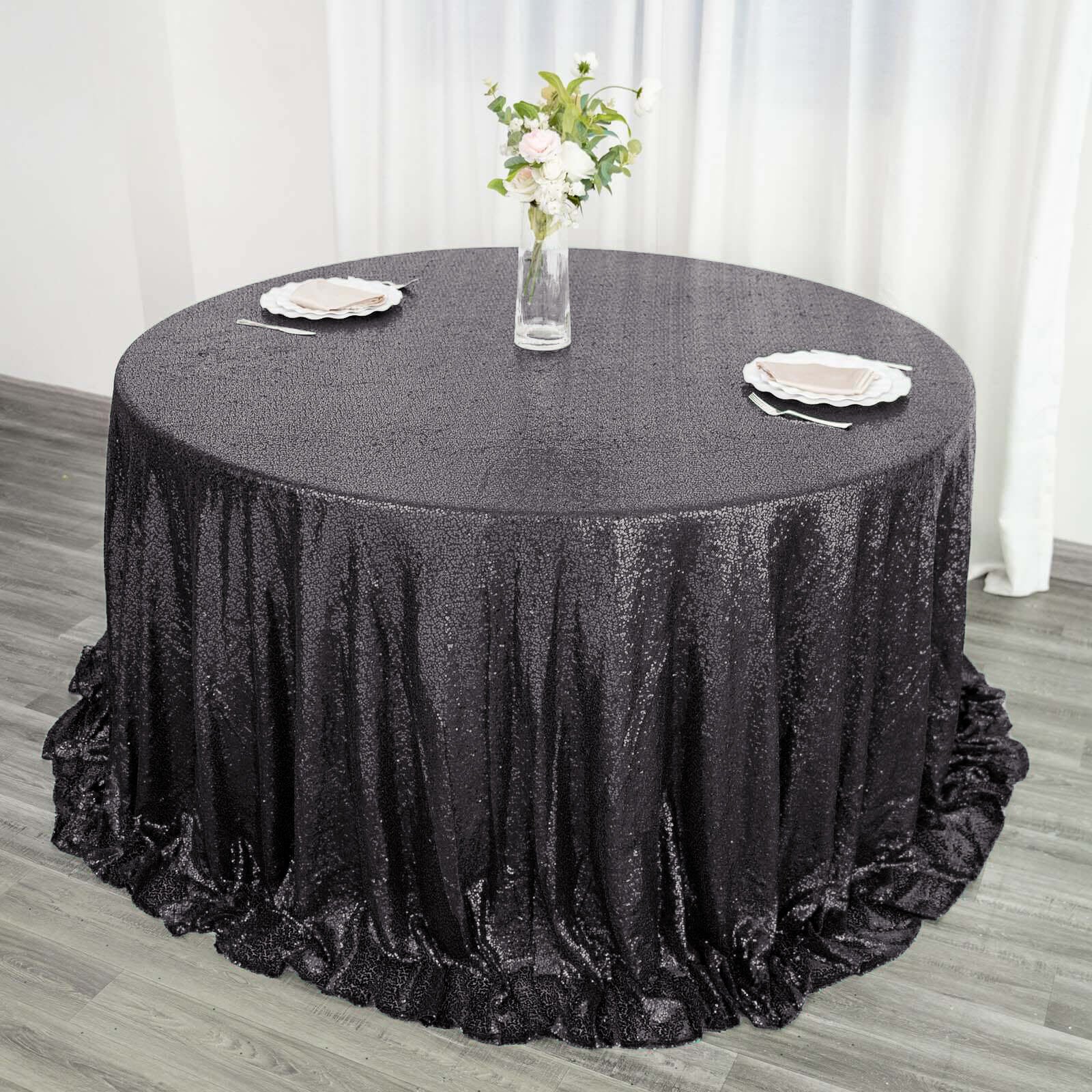 Sequin 132" Round Tablecloth Black - Seamless Dazzling Table Cover
