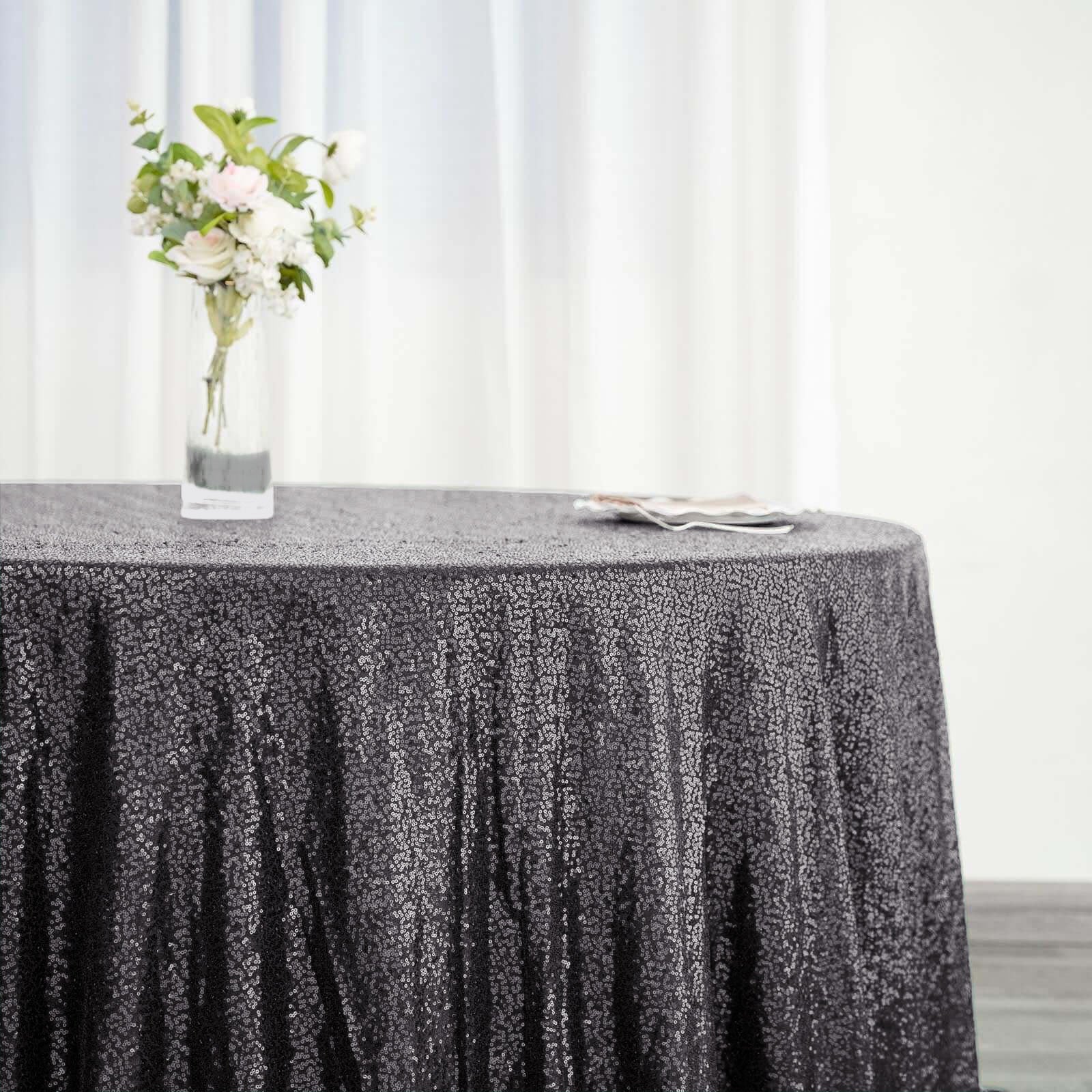 Sequin 132" Round Tablecloth Black - Seamless Dazzling Table Cover