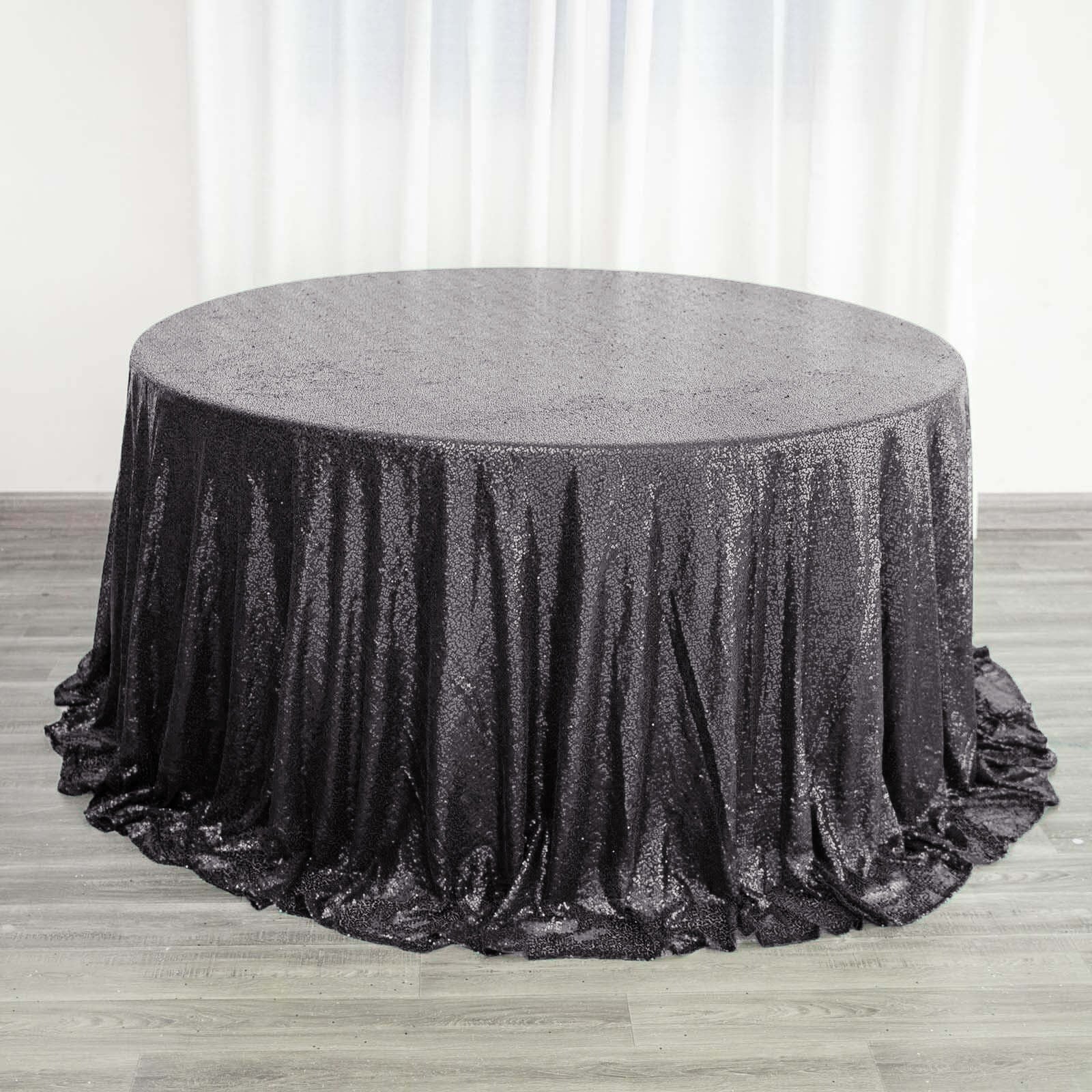 Sequin 132" Round Tablecloth Black - Seamless Dazzling Table Cover