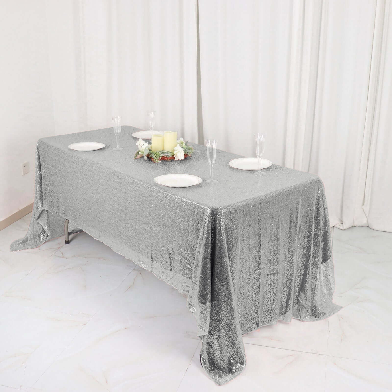 Sequin 60"x126" Rectangle Tablecloth Silver - Glittering Finish Table Cover