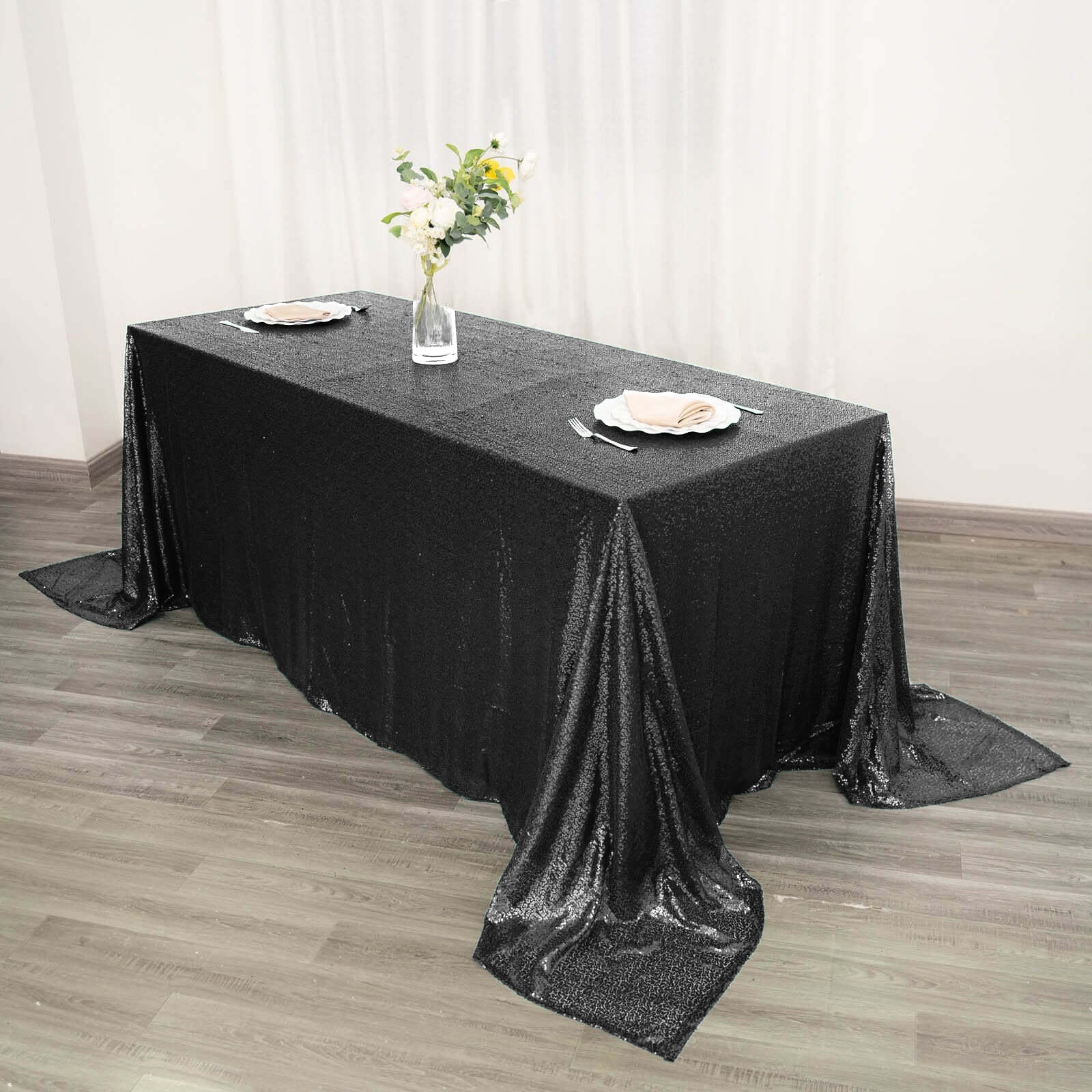 Sequin 90"x132" Rectangle Tablecloth Black - Seamless Sparkly Design for Luxe Occasions