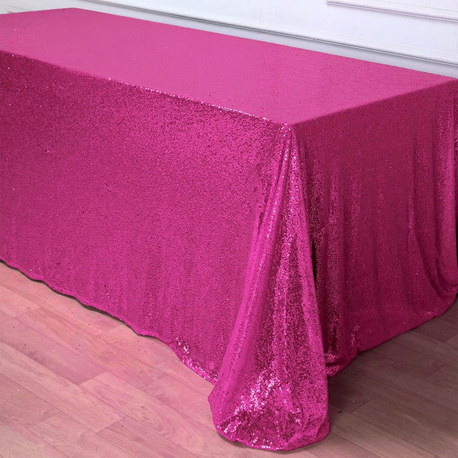 Sequin 90"x156" Rectangle Tablecloth Fuchsia - Seamless Twinkling Table Cover