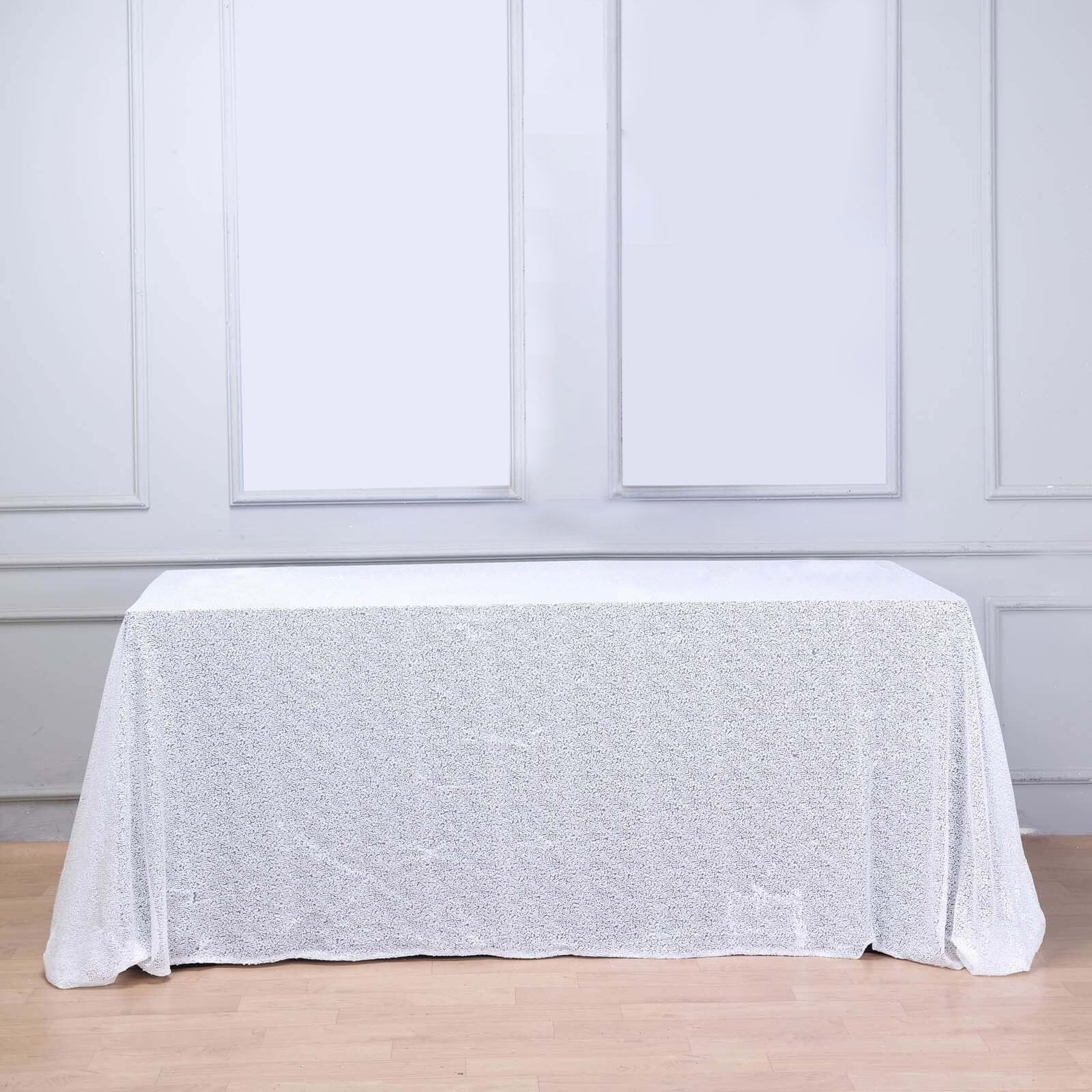 Sequin 90"x156" Rectangle Tablecloth White - Seamless Twinkling Design for Chic Celebrations