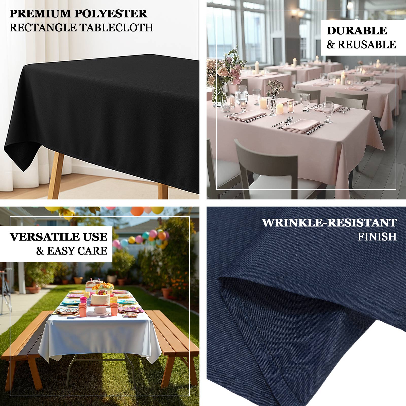 Polyester Tablecloth 60"×84" White – Rectangle, Washable & Wrinkle-Resistant, Perfect for Parties