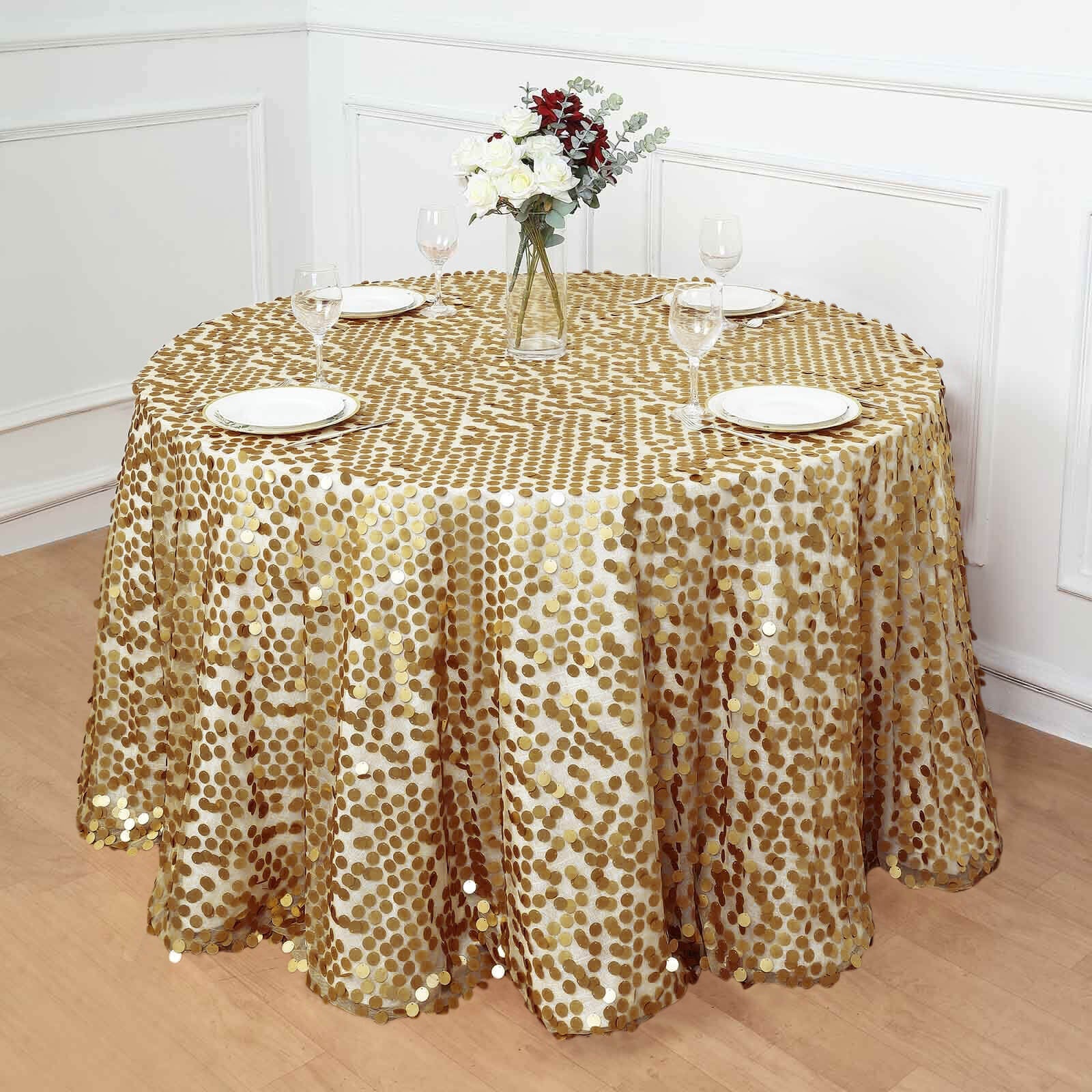 Sequin 120" Round Tablecloth Champagne - Seamless Big Payette Table Cover