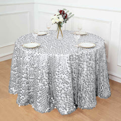 Sequin 120" Round Tablecloth Silver - Seamless Big Payette Design Table Cover