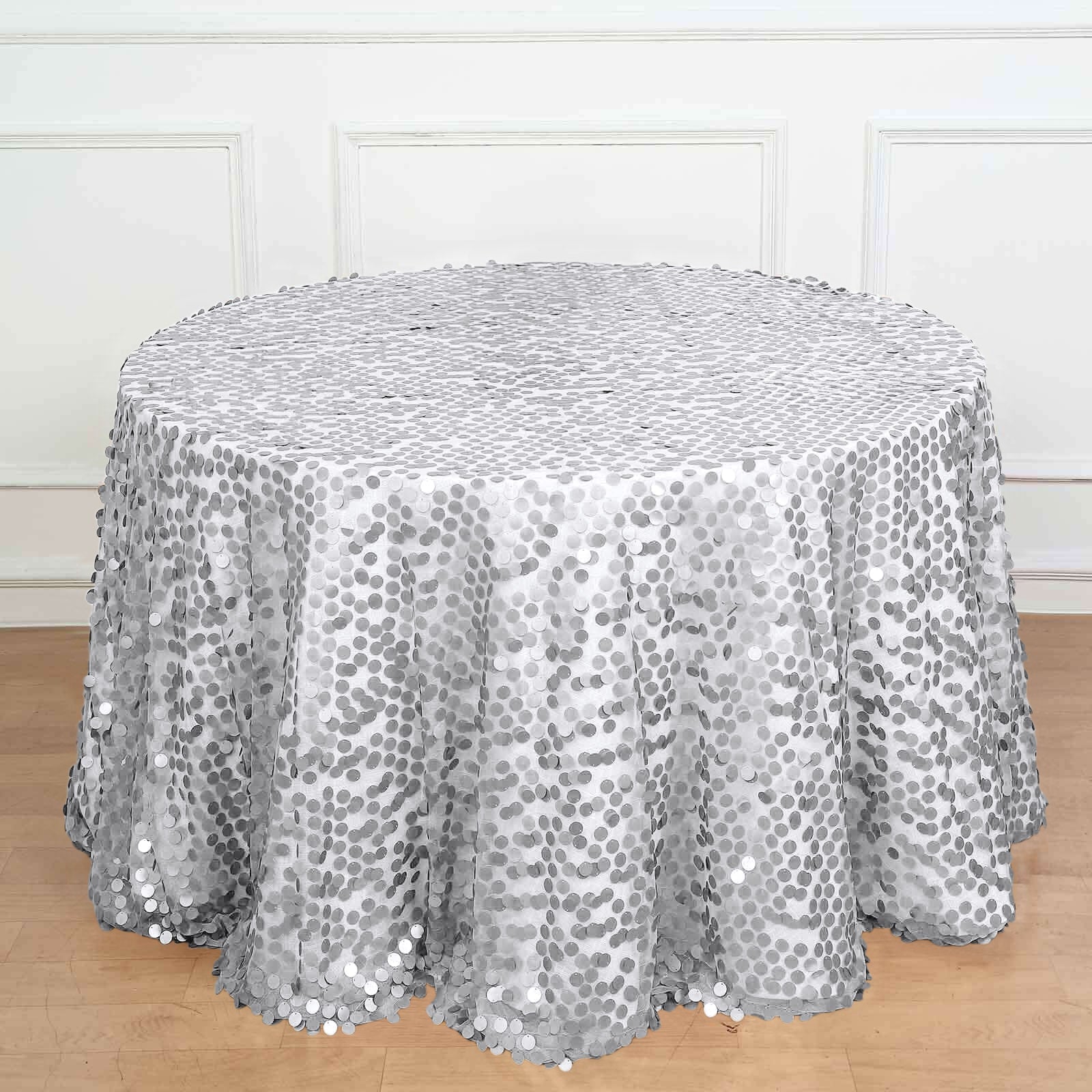 Sequin 120" Round Tablecloth Silver - Seamless Big Payette Design Table Cover