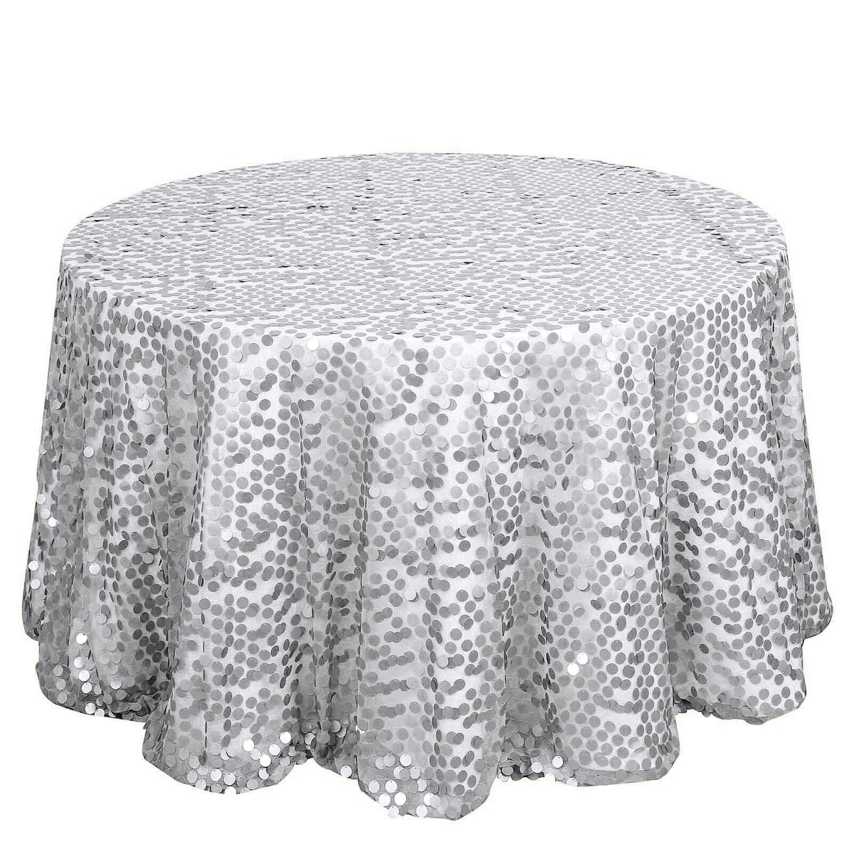 Sequin 120" Round Tablecloth Silver - Seamless Big Payette Design Table Cover