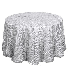 Sequin 120" Round Tablecloth Silver - Seamless Big Payette Design Table Cover