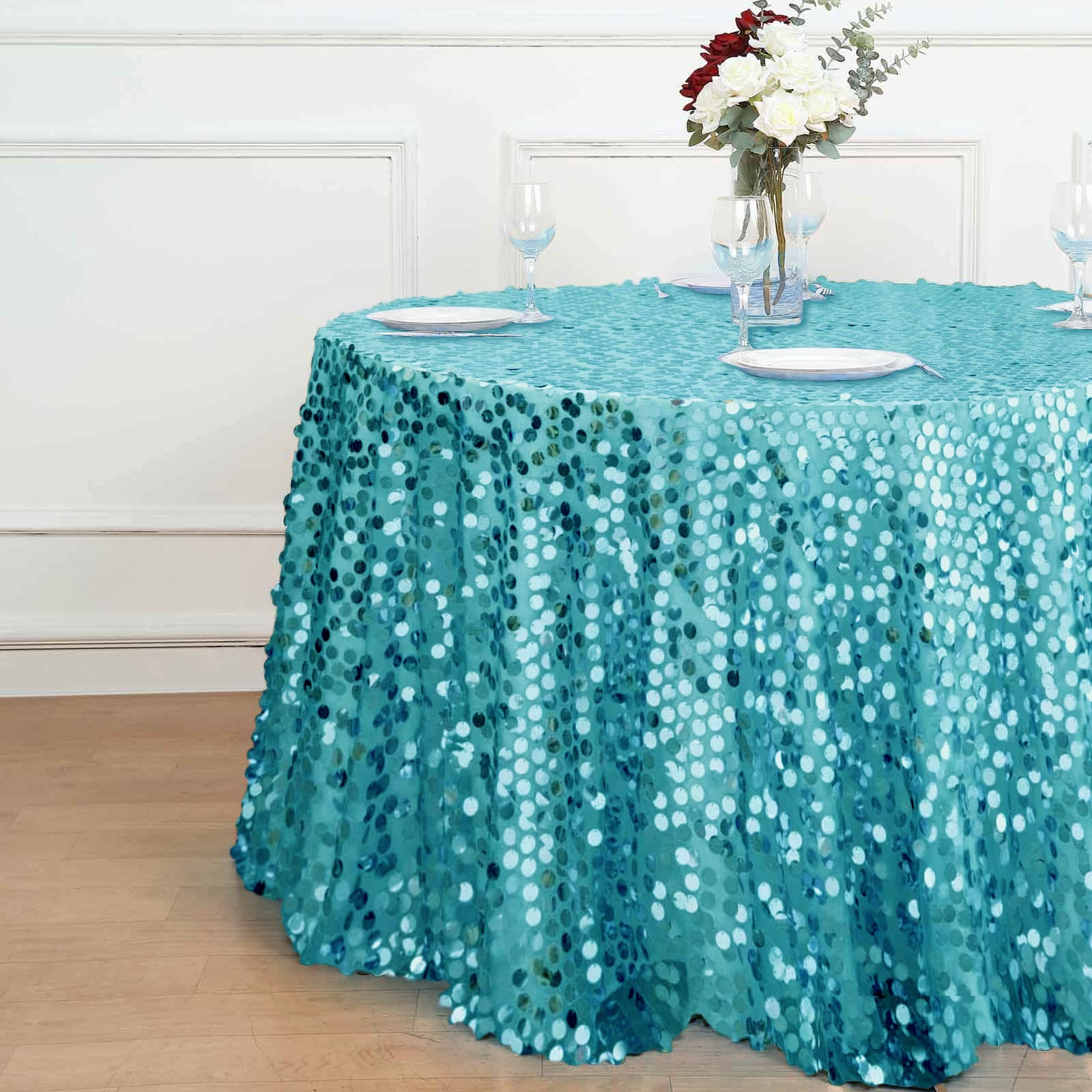 Sequin 120" Round Tablecloth Turquoise - Seamless Big Payette Table Cover