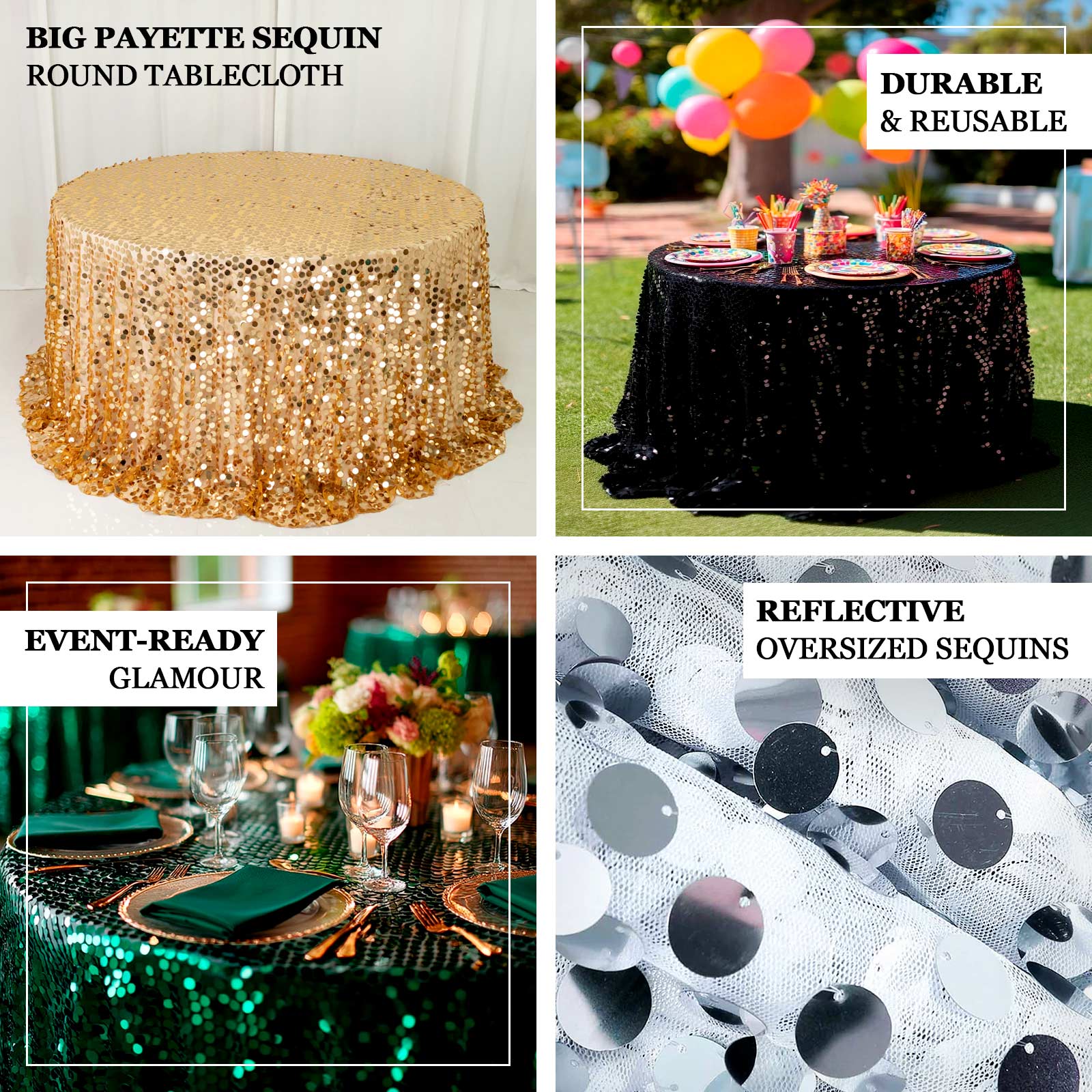 Sequin 132" Round Tablecloth Hunter Emerald Green - Big Payette Table Cover