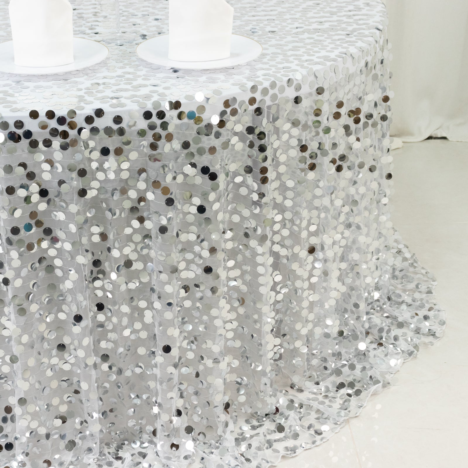 Sequin 132" Round Tablecloth Silver - Big Payette Table Cover