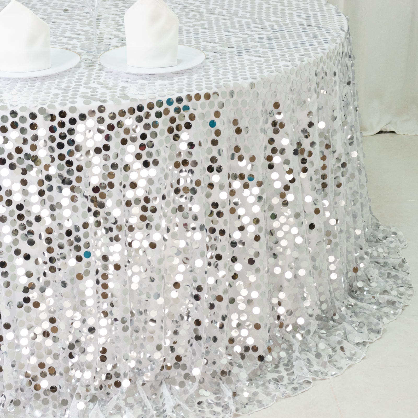 Sequin 132" Round Tablecloth Silver - Big Payette Table Cover
