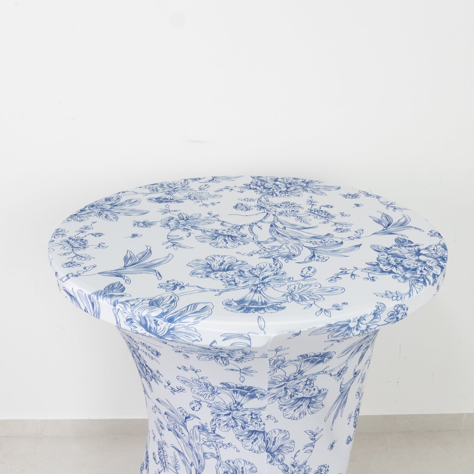 Spandex Round Cocktail Table Cover – Blue & White French Toile, 30" Highboy Stretch Fitted Tablecloth
