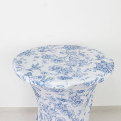 Spandex Round Cocktail Table Cover – Blue & White French Toile, 30" Highboy Stretch Fitted Tablecloth