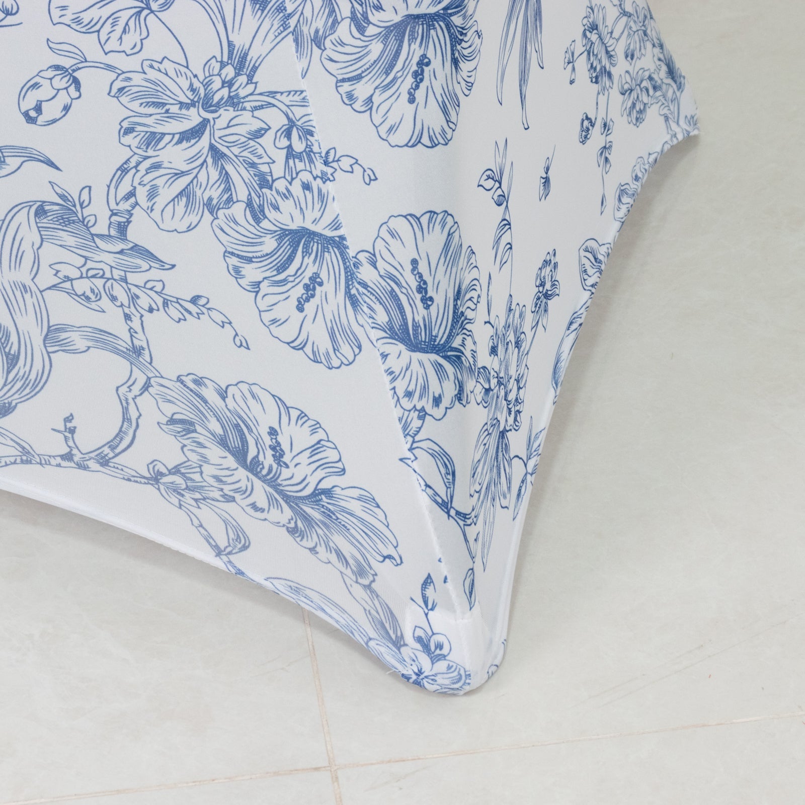 Spandex Round Cocktail Table Cover – Blue & White French Toile, 30" Highboy Stretch Fitted Tablecloth