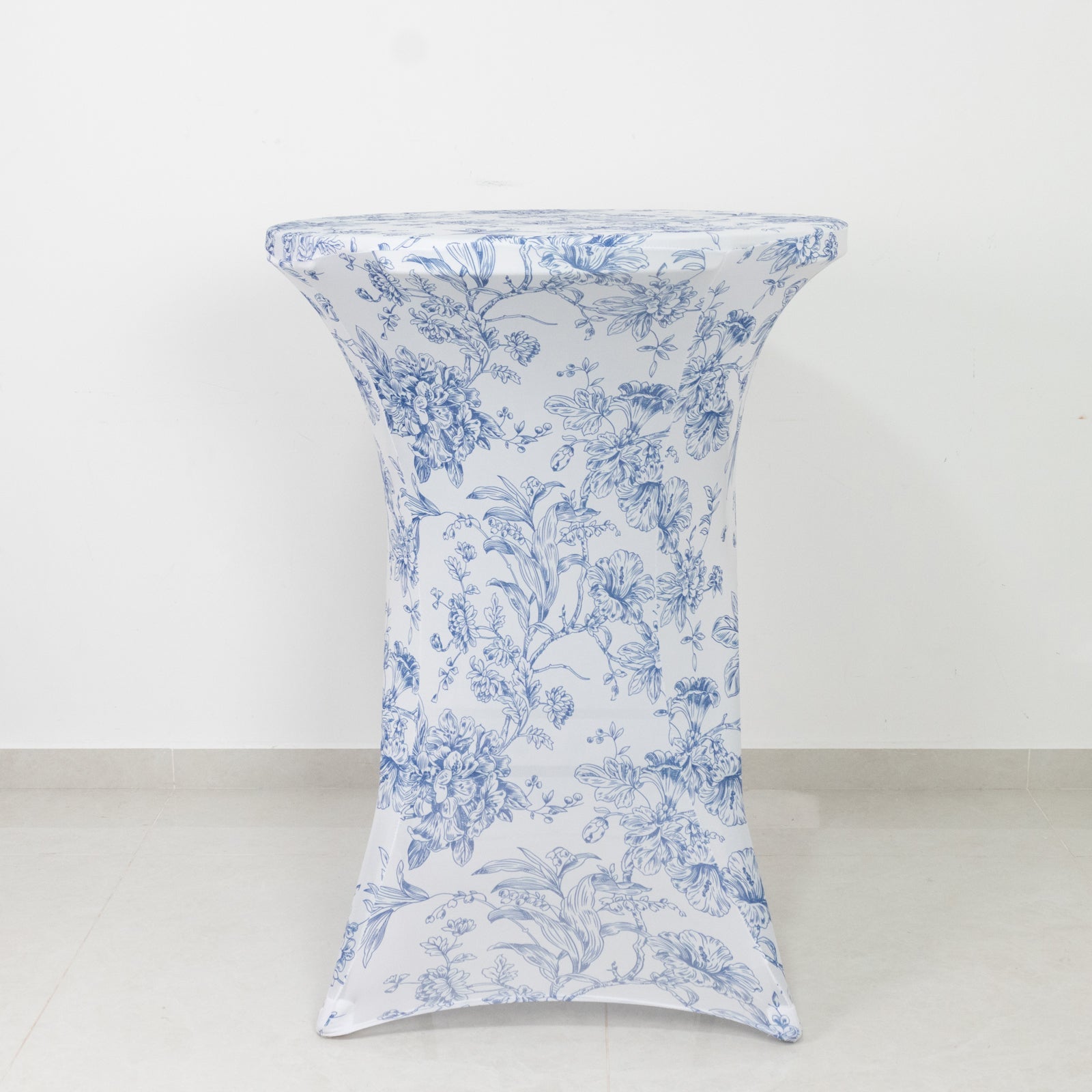 Spandex Round Cocktail Table Cover – Blue & White French Toile, 30" Highboy Stretch Fitted Tablecloth