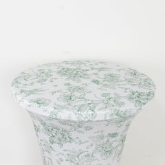 Spandex Round Cocktail Table Cover – Dusty Sage Green & White French Toile, 30" Highboy Stretch Fitted Tablecloth