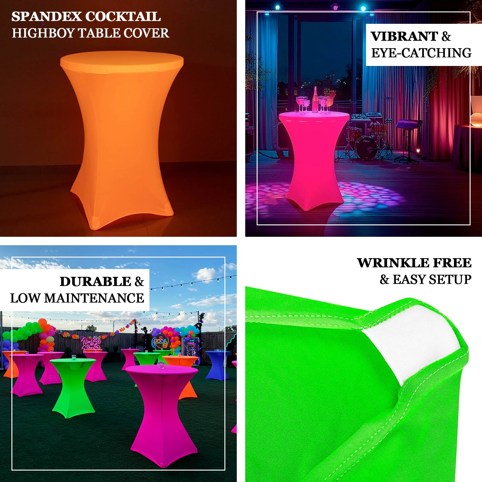 Glow Neon Orange Fitted Spandex Cocktail Tablecloth – 30" Round, Wrinkle-Free Cover
