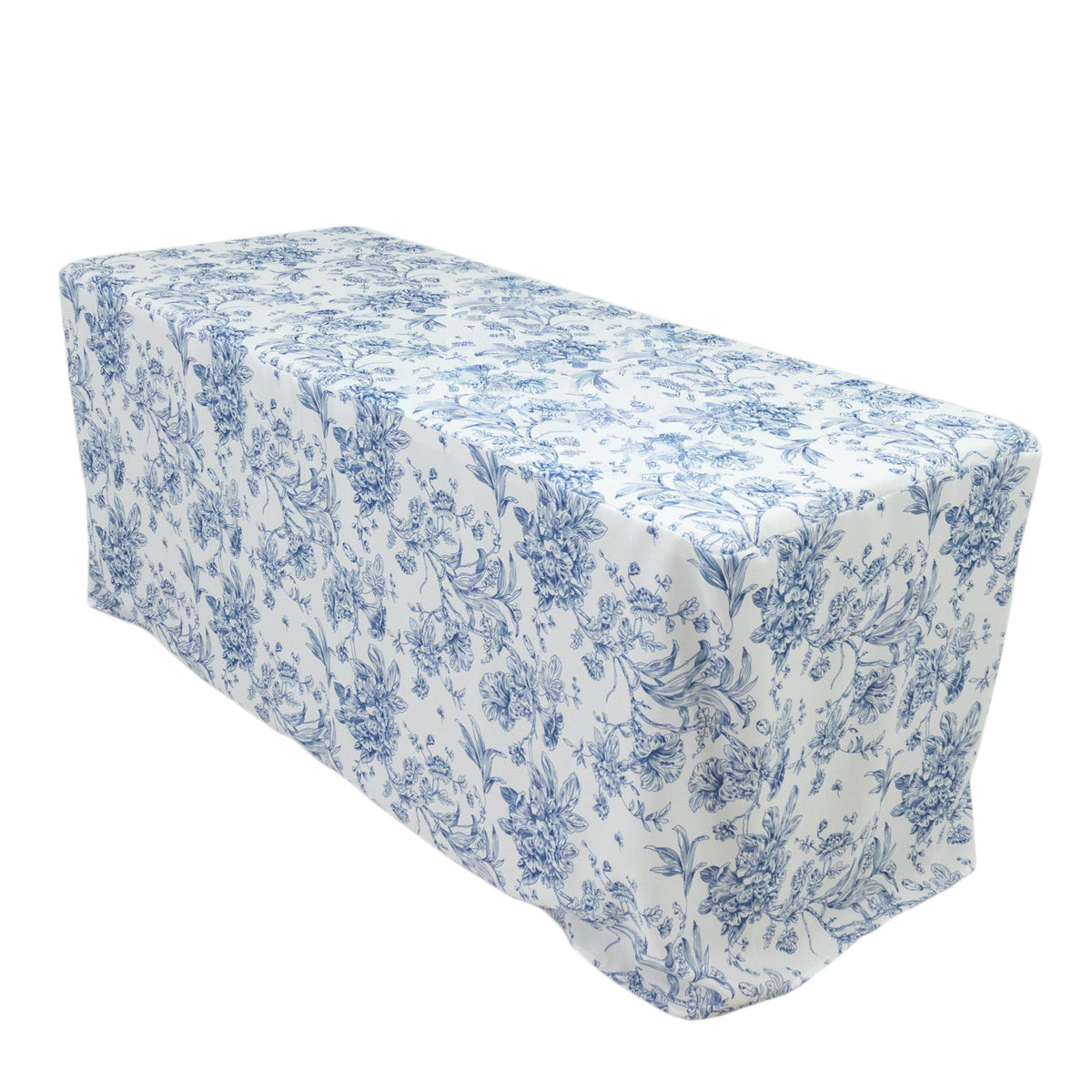 French Toile Fitted Tablecloth 6ft – Blue & White Rectangular Polyester Wrinkle-Resistant Table Cover