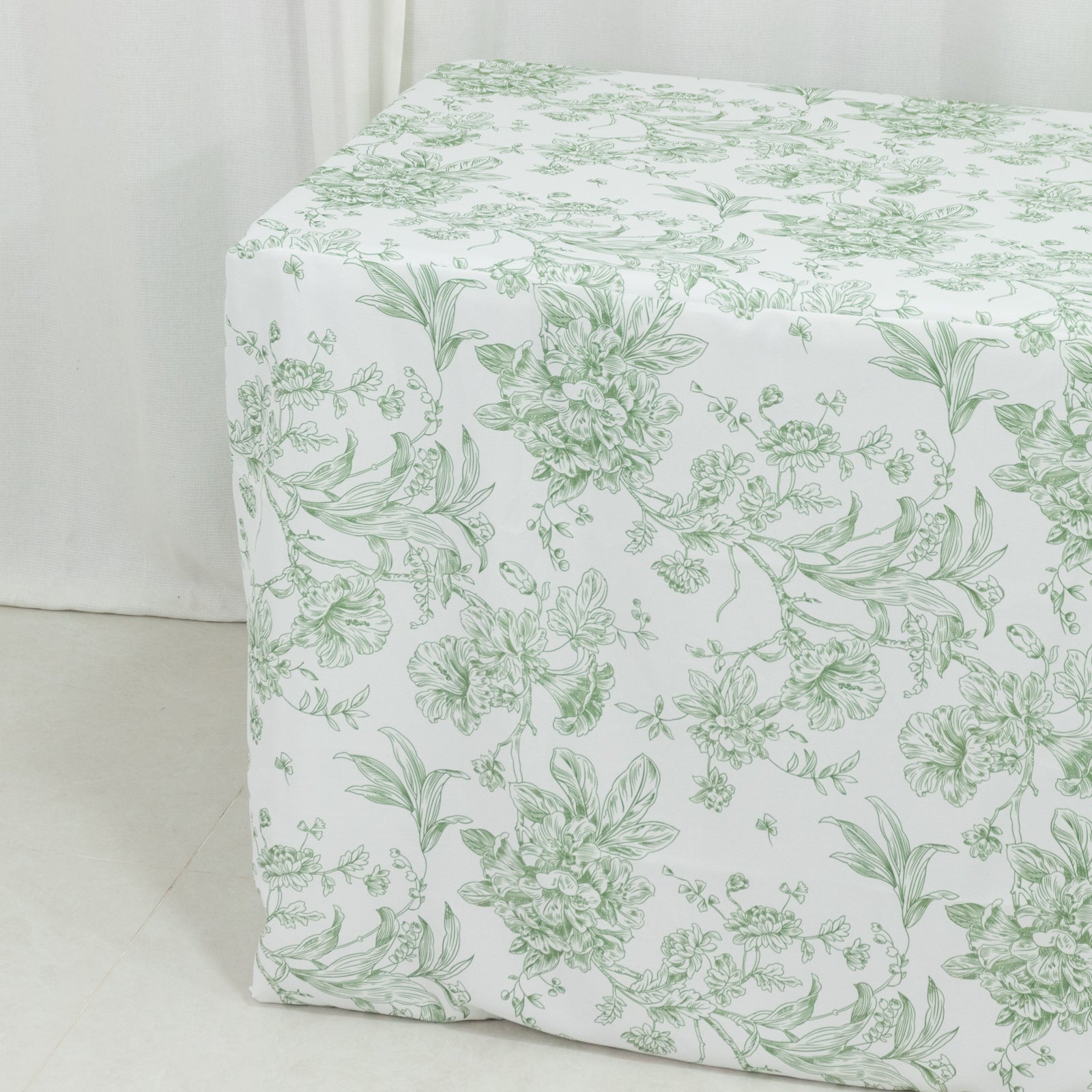 French Toile Fitted Tablecloth 6ft – Dusty Sage Green & White Rectangular Polyester Wrinkle-Resistant Table Cover