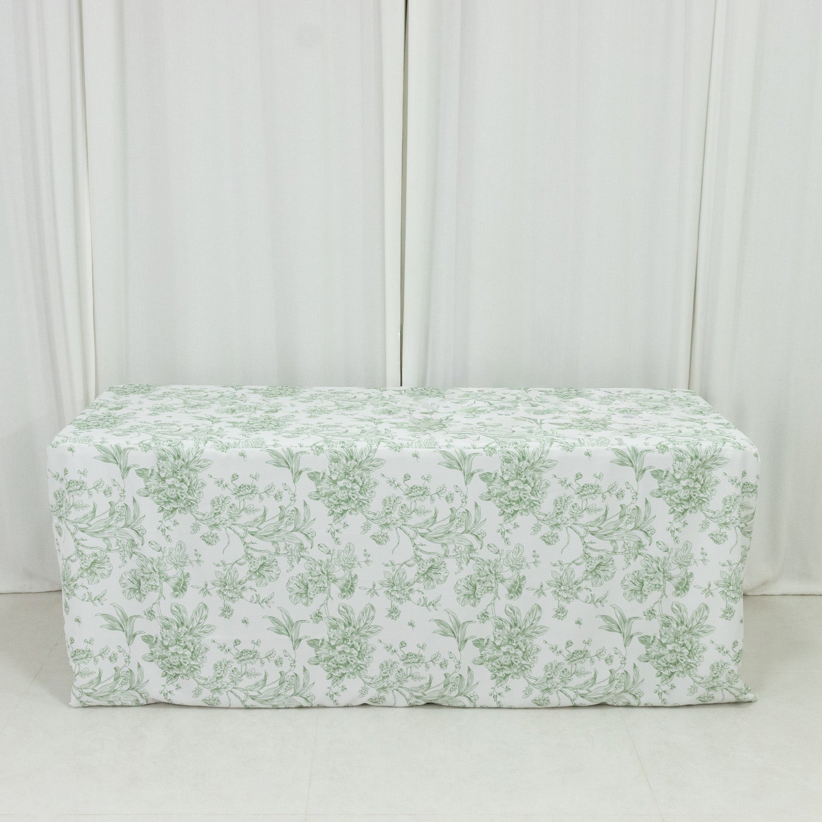French Toile Fitted Tablecloth 6ft – Dusty Sage Green & White Rectangular Polyester Wrinkle-Resistant Table Cover
