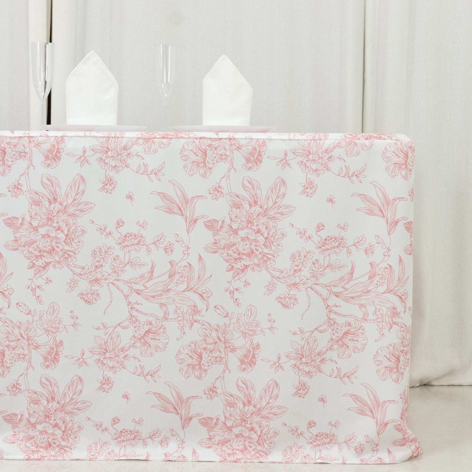 French Toile Fitted Tablecloth 6ft – Pink & White Rectangular Polyester Wrinkle-Resistant Table Cover