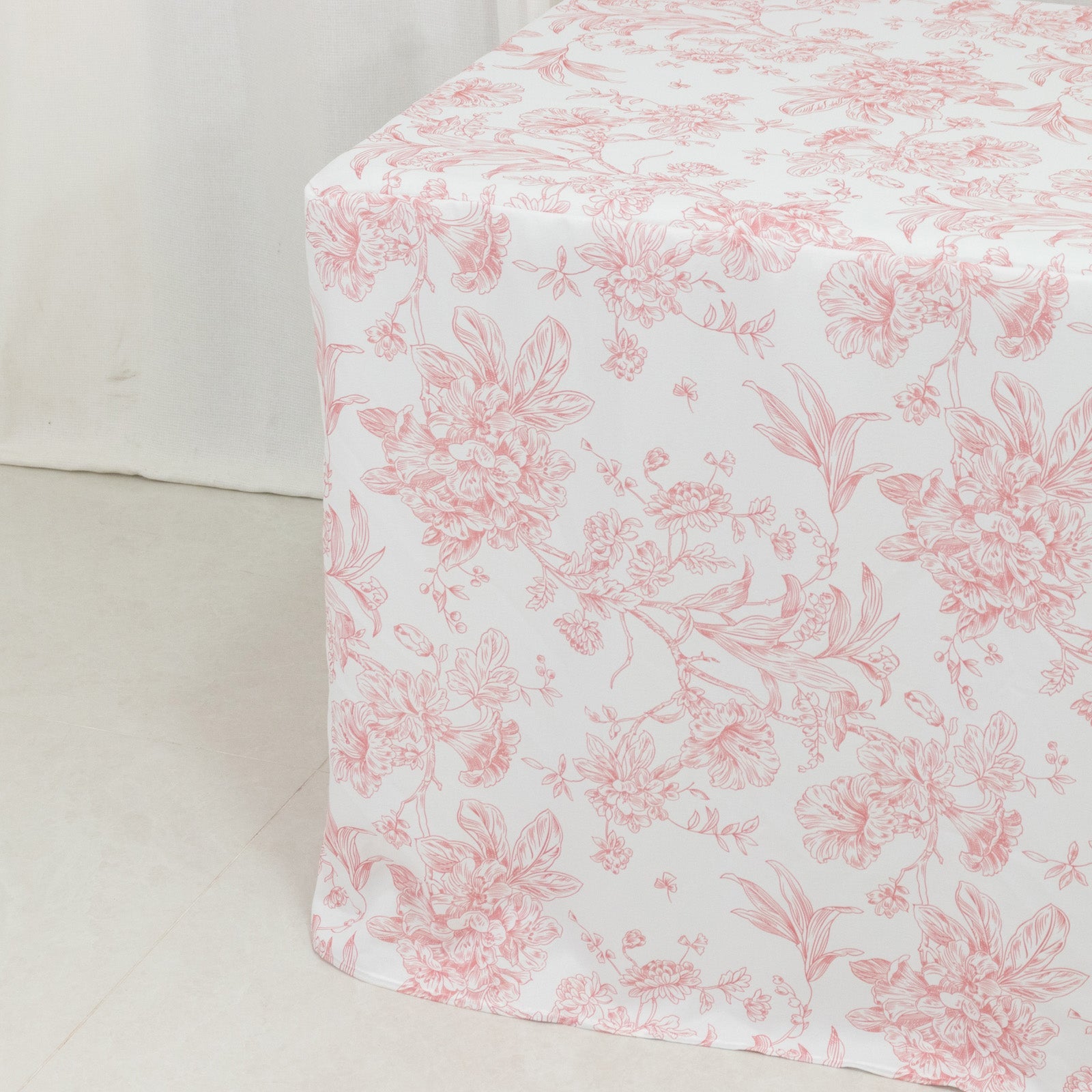 French Toile Fitted Tablecloth 6ft – Pink & White Rectangular Polyester Wrinkle-Resistant Table Cover