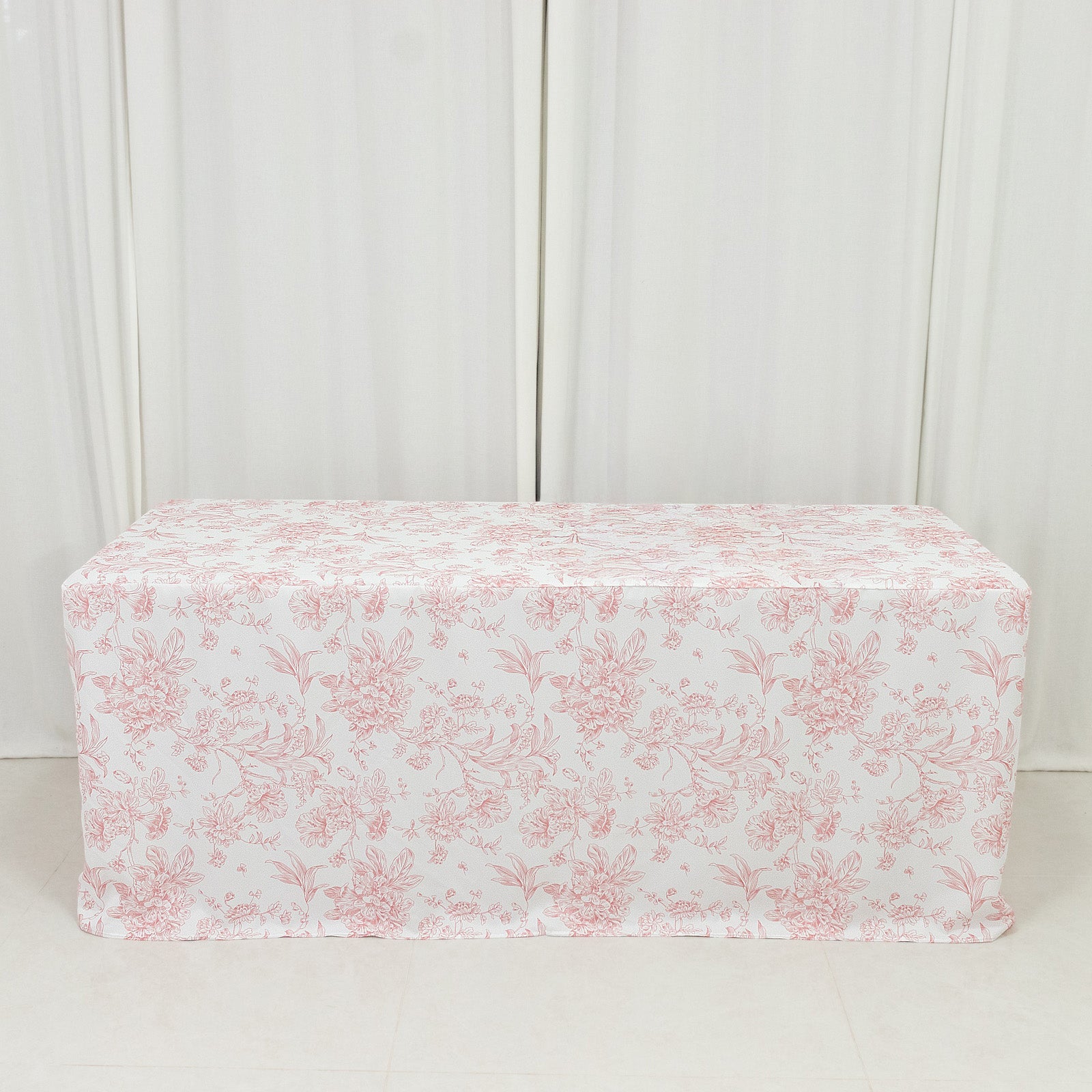 French Toile Fitted Tablecloth 6ft – Pink & White Rectangular Polyester Wrinkle-Resistant Table Cover