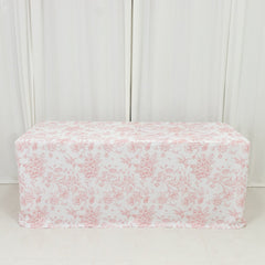 French Toile Fitted Tablecloth 6ft – Pink & White Rectangular Polyester Wrinkle-Resistant Table Cover