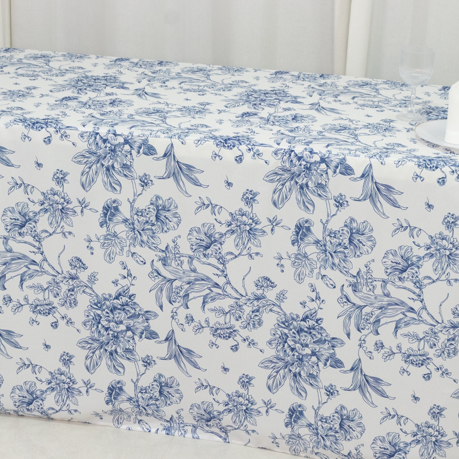 French Toile Fitted Tablecloth 8ft – Blue & White Rectangular Polyester Wrinkle-Resistant Table Cover