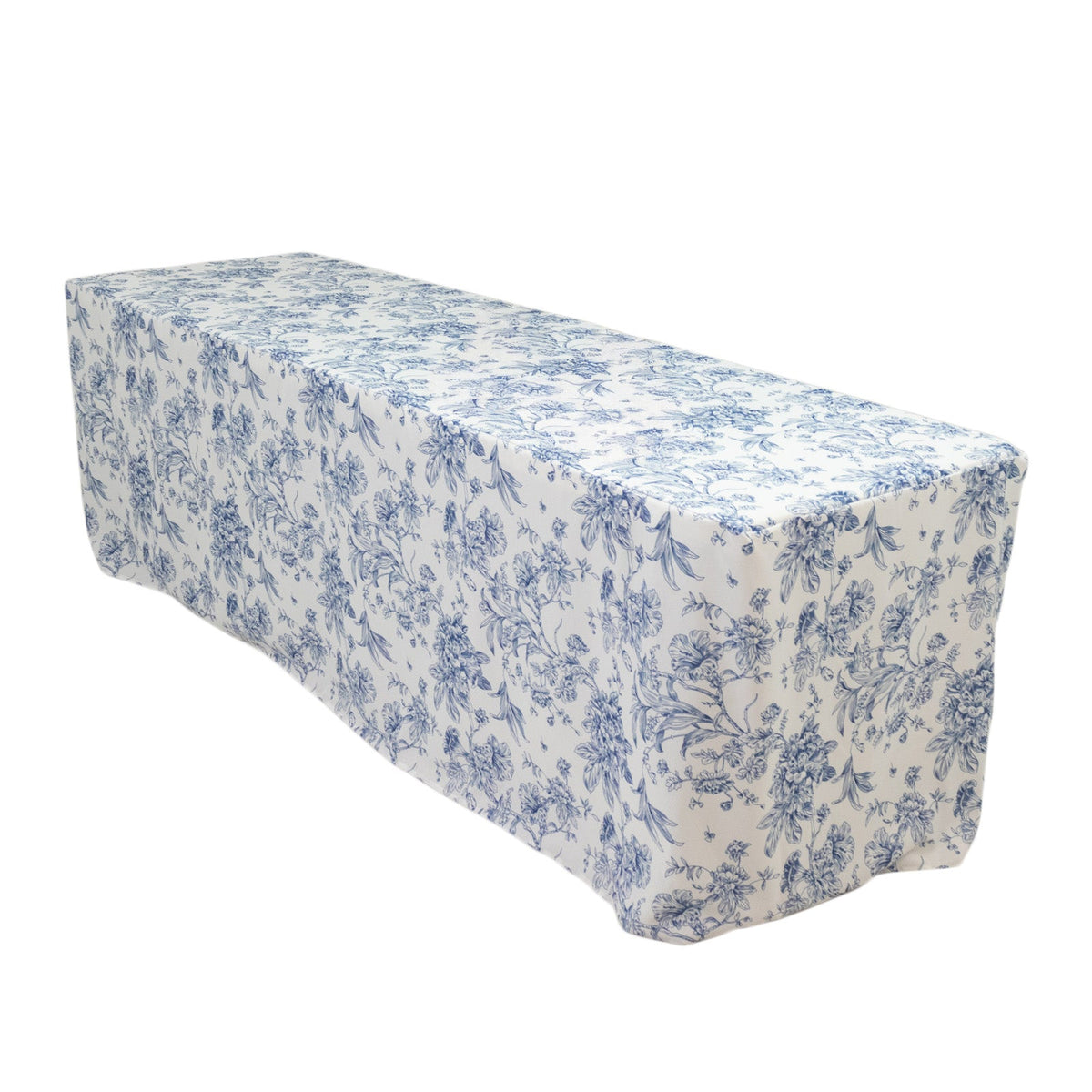French Toile Fitted Tablecloth 8ft – Blue & White Rectangular Polyester Wrinkle-Resistant Table Cover