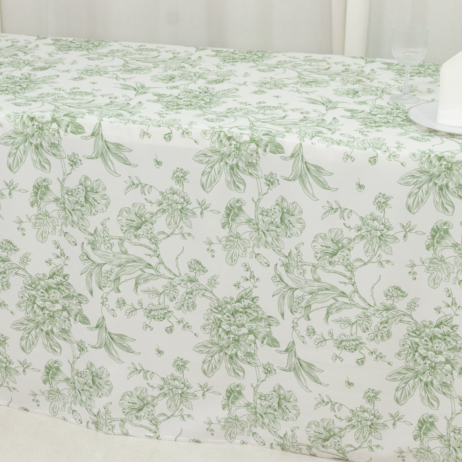 French Toile Fitted Tablecloth 8ft – Dusty Sage Green & White Rectangular Polyester Wrinkle-Resistant Table Cover