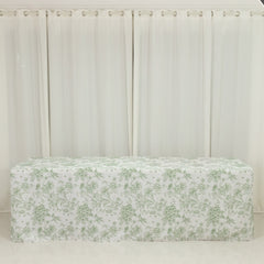 French Toile Fitted Tablecloth 8ft – Dusty Sage Green & White Rectangular Polyester Wrinkle-Resistant Table Cover