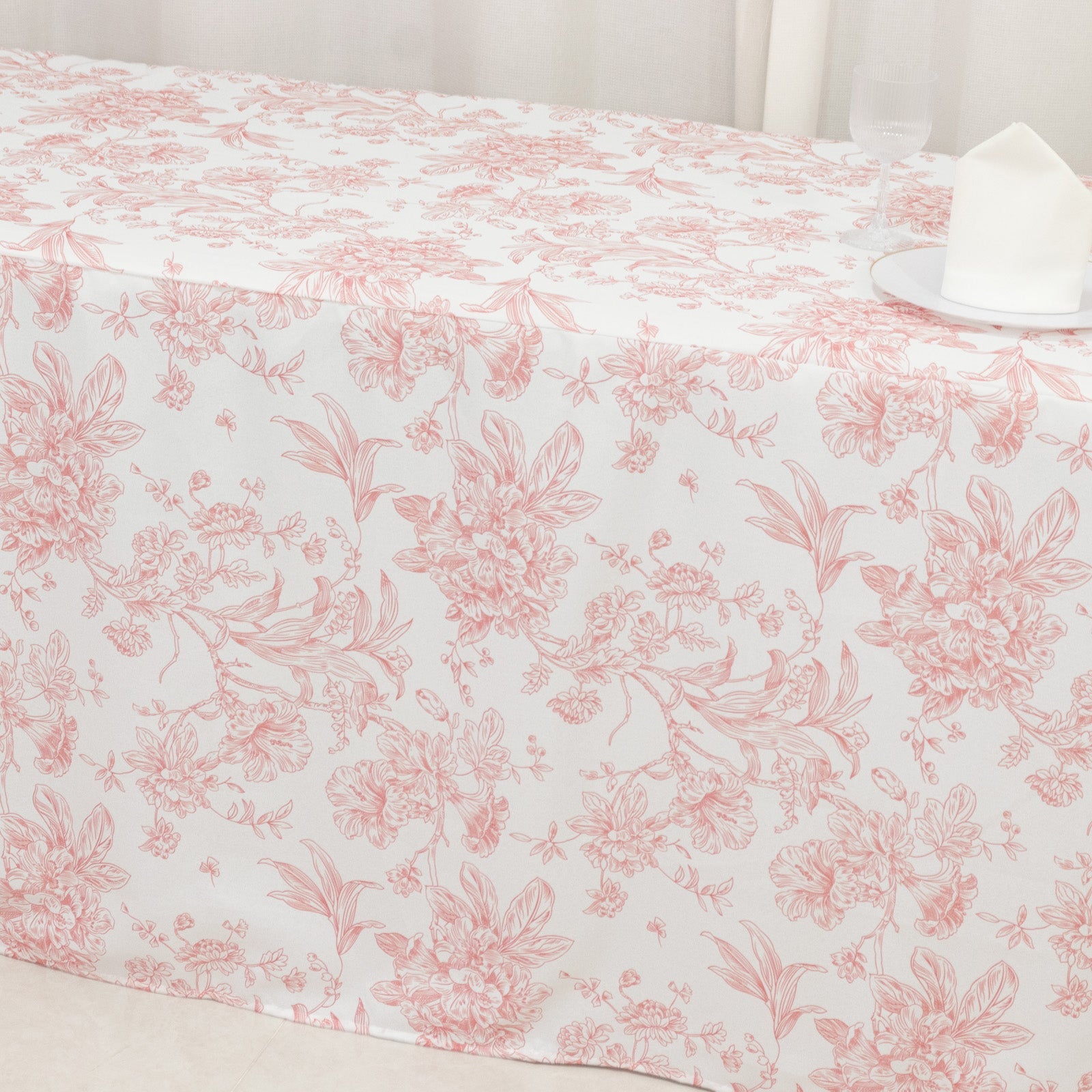 French Toile Fitted Tablecloth 8ft – Pink & White Rectangular Polyester Wrinkle-Resistant Table Cover