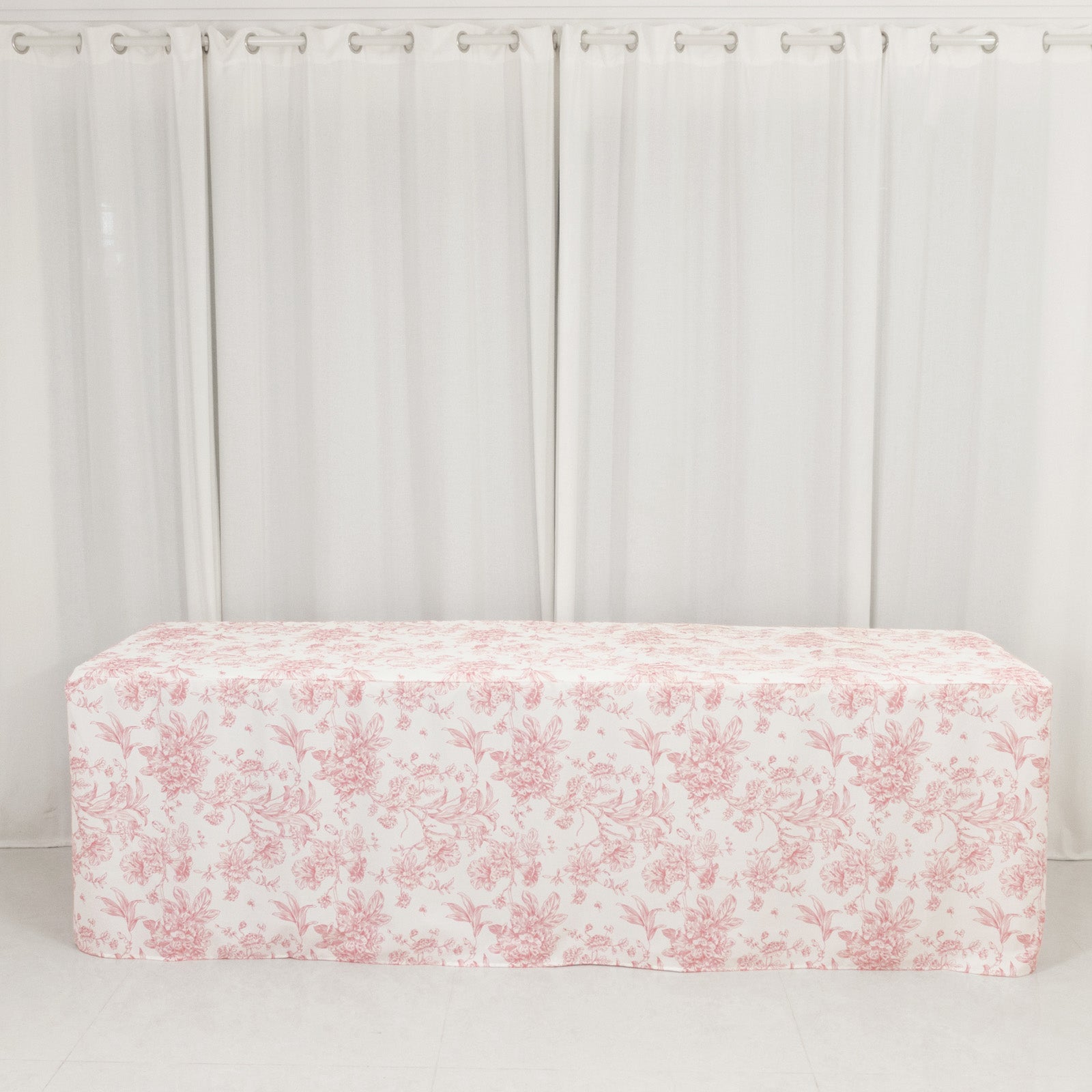 French Toile Fitted Tablecloth 8ft – Pink & White Rectangular Polyester Wrinkle-Resistant Table Cover