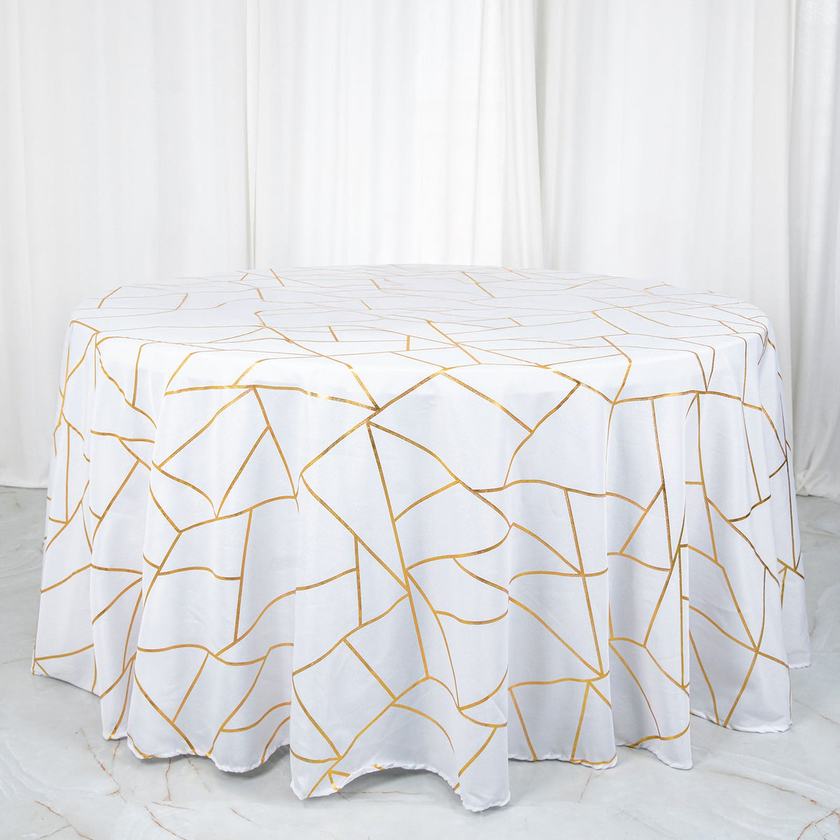 Polyester 120" Round Tablecloth White with Gold Foil Geometric Pattern Wrinkle-Resistant Modern Seamless Table Cover