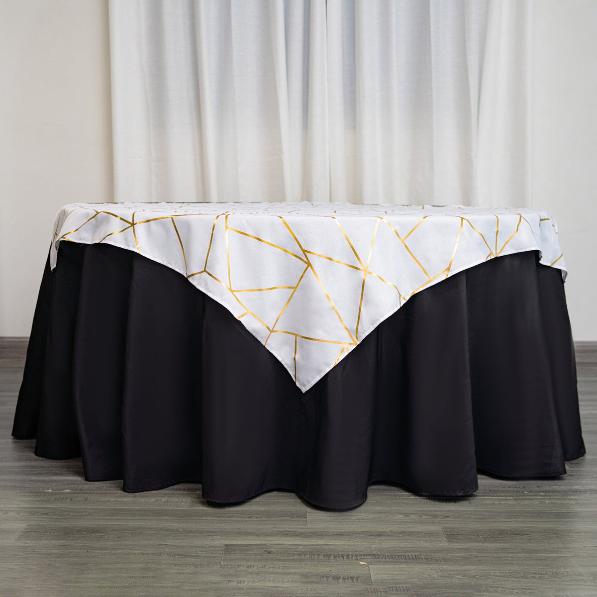 Polyester 54"x54" Table Overlay Square Tablecloth White with Gold Foil Geometric Pattern - Wrinkle-Resistant & Durable for Stylish Settings