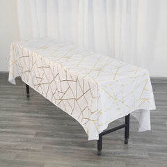 Polyester 60"x102" Rectangle Tablecloth White with Gold Foil Geometric Pattern - Wrinkle-Resistant and Durable Table Cover for Weddings & Events
