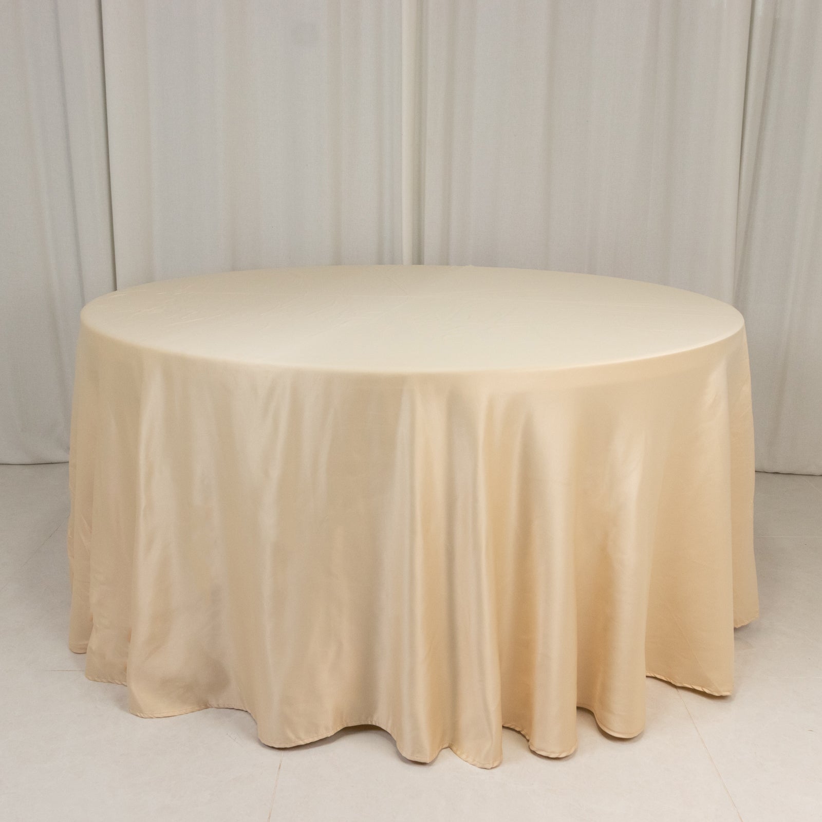Lamour Satin 120" Round Tablecloth Beige - Seamless Table Cover with Soft Tempered Sheen