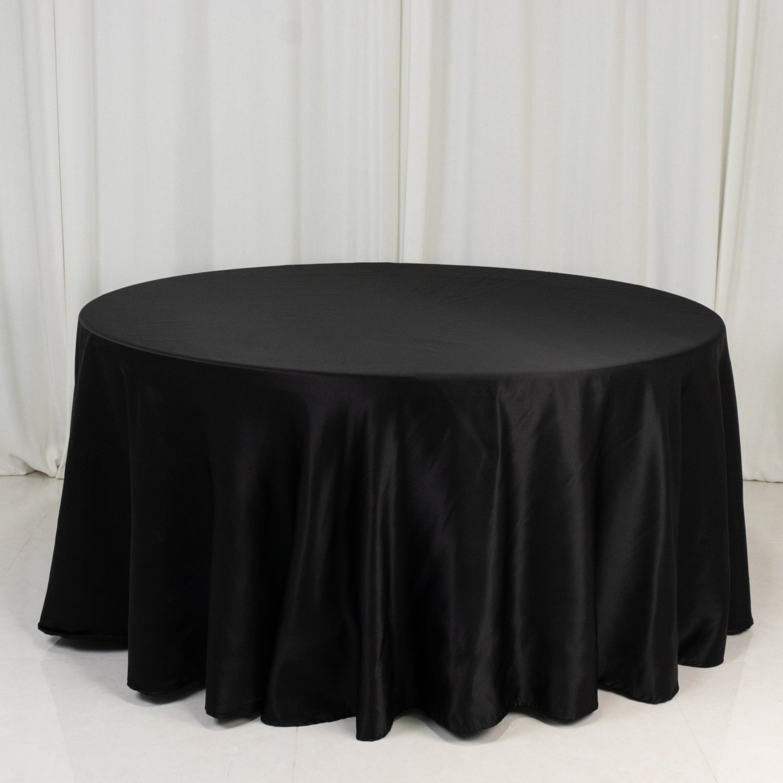Lamour Satin 120" Round Tablecloth Black - Seamless Table Cover with Soft Tempered Sheen for Upscale Gatherings