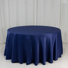 Lamour Satin 120" Round Tablecloth Navy Blue - Seamless Table Cover with Soft Tempered Sheen